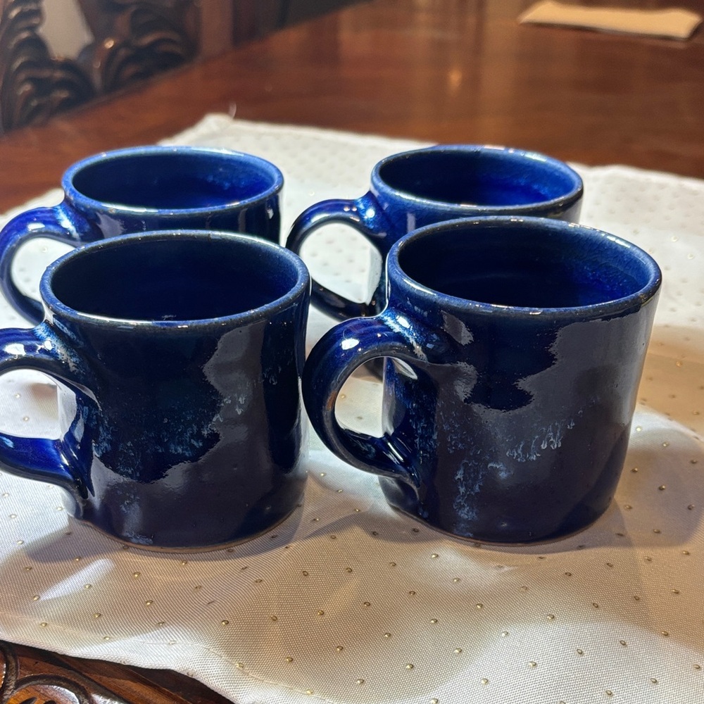 Vintage Cobalt Blue Pottery Mugs - Set of 4